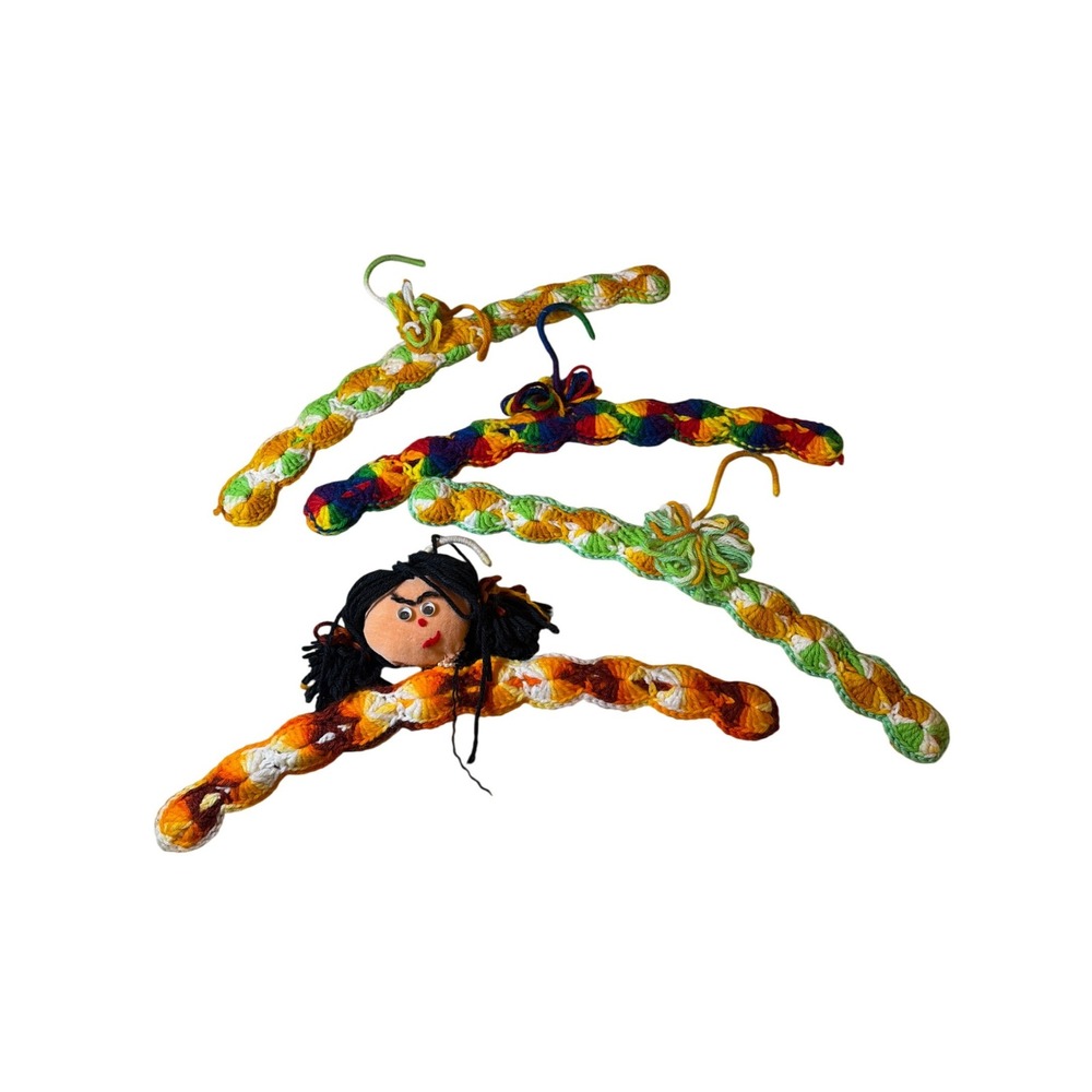 Vintage Lot of (4) Handmade Yarn Doll & Braided Folk Art Crochet Hanger Covers